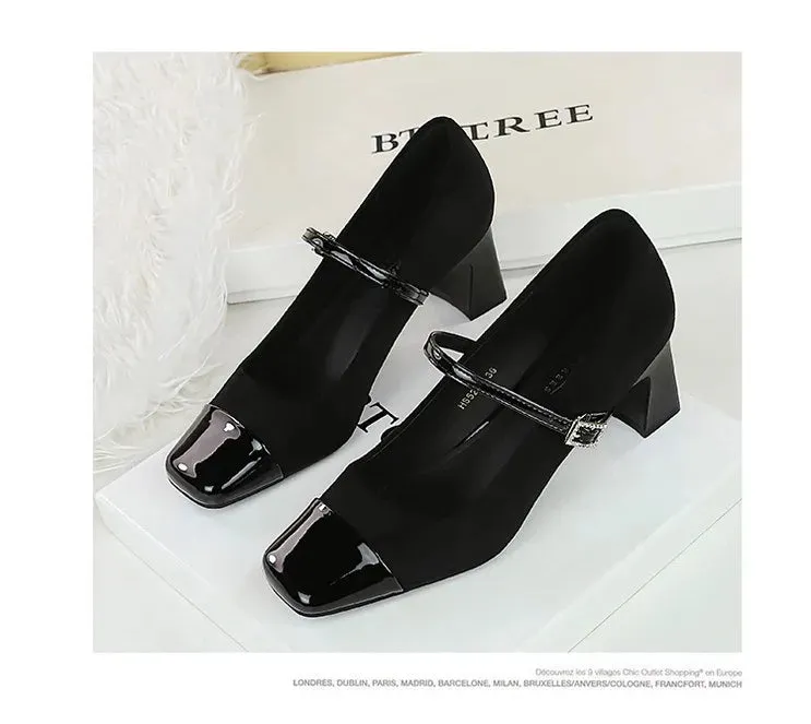 Leopard Print Women Pumps Suede Middle Heel Shoes Sexy Mary Jane Shoes Rhinestone Buckle Ladies Shoe Square Head