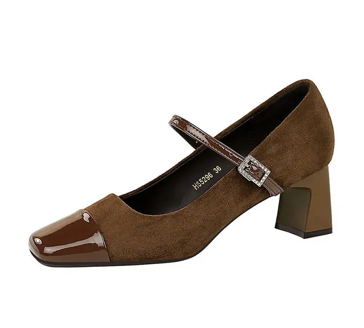 Leopard Print Women Pumps Suede Middle Heel Shoes Sexy Mary Jane Shoes Rhinestone Buckle Ladies Shoe Square Head