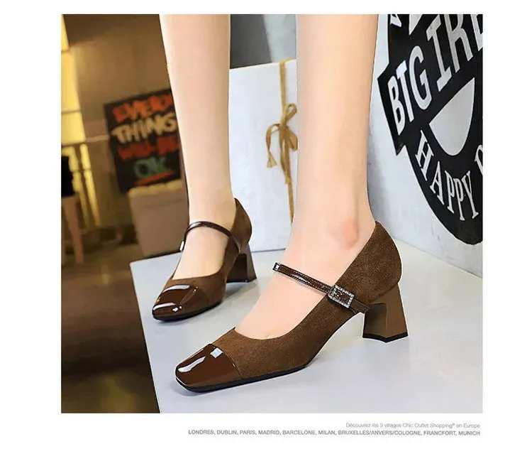 Leopard Print Women Pumps Suede Middle Heel Shoes Sexy Mary Jane Shoes Rhinestone Buckle Ladies Shoe Square Head
