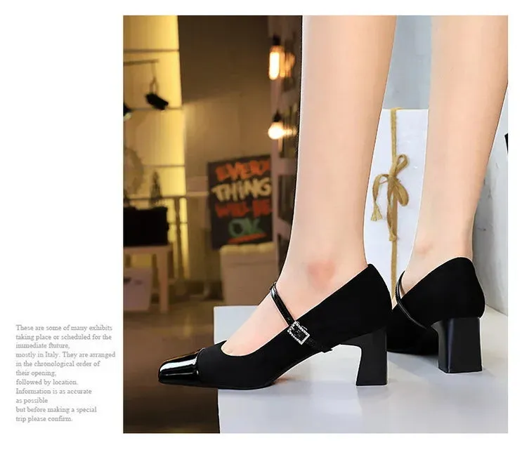 Leopard Print Women Pumps Suede Middle Heel Shoes Sexy Mary Jane Shoes Rhinestone Buckle Ladies Shoe Square Head
