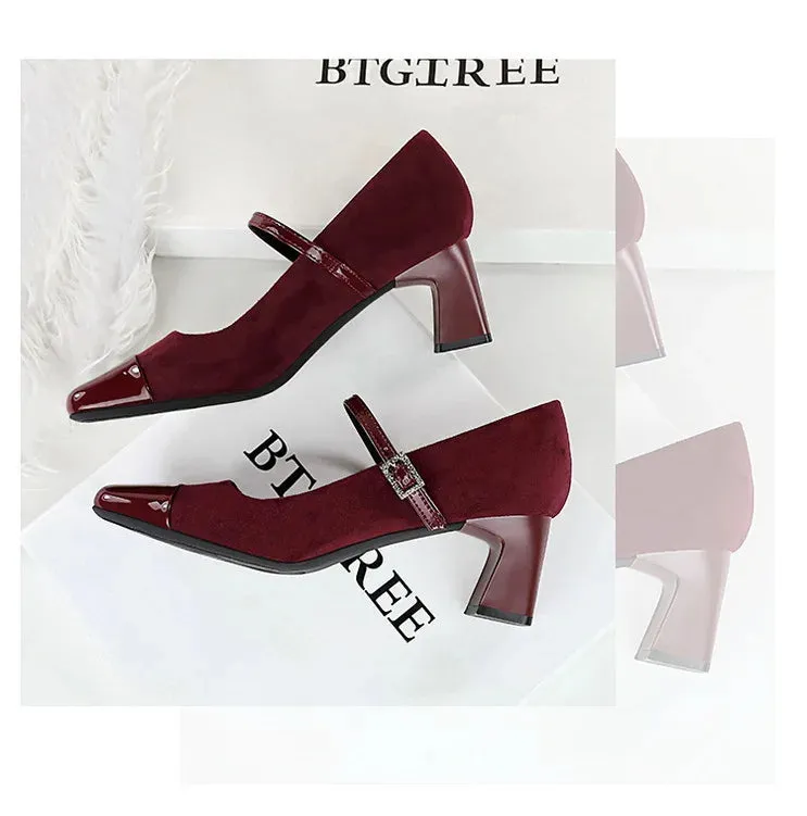 Leopard Print Women Pumps Suede Middle Heel Shoes Sexy Mary Jane Shoes Rhinestone Buckle Ladies Shoe Square Head