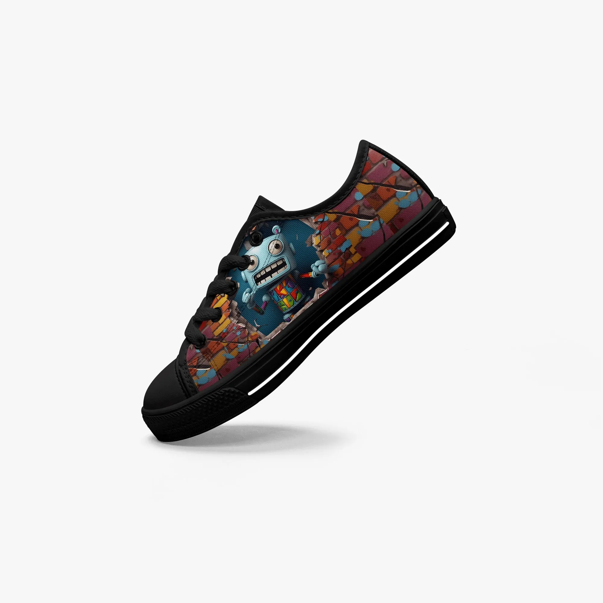 Low-Top Canvas Shoes-Black Kids' High-Top Canvas Shoes – Cartoon 3D Robot Breaking Through Crack Wall, Extra Ankle Support, Soft Rubber Sole, EVA Insole