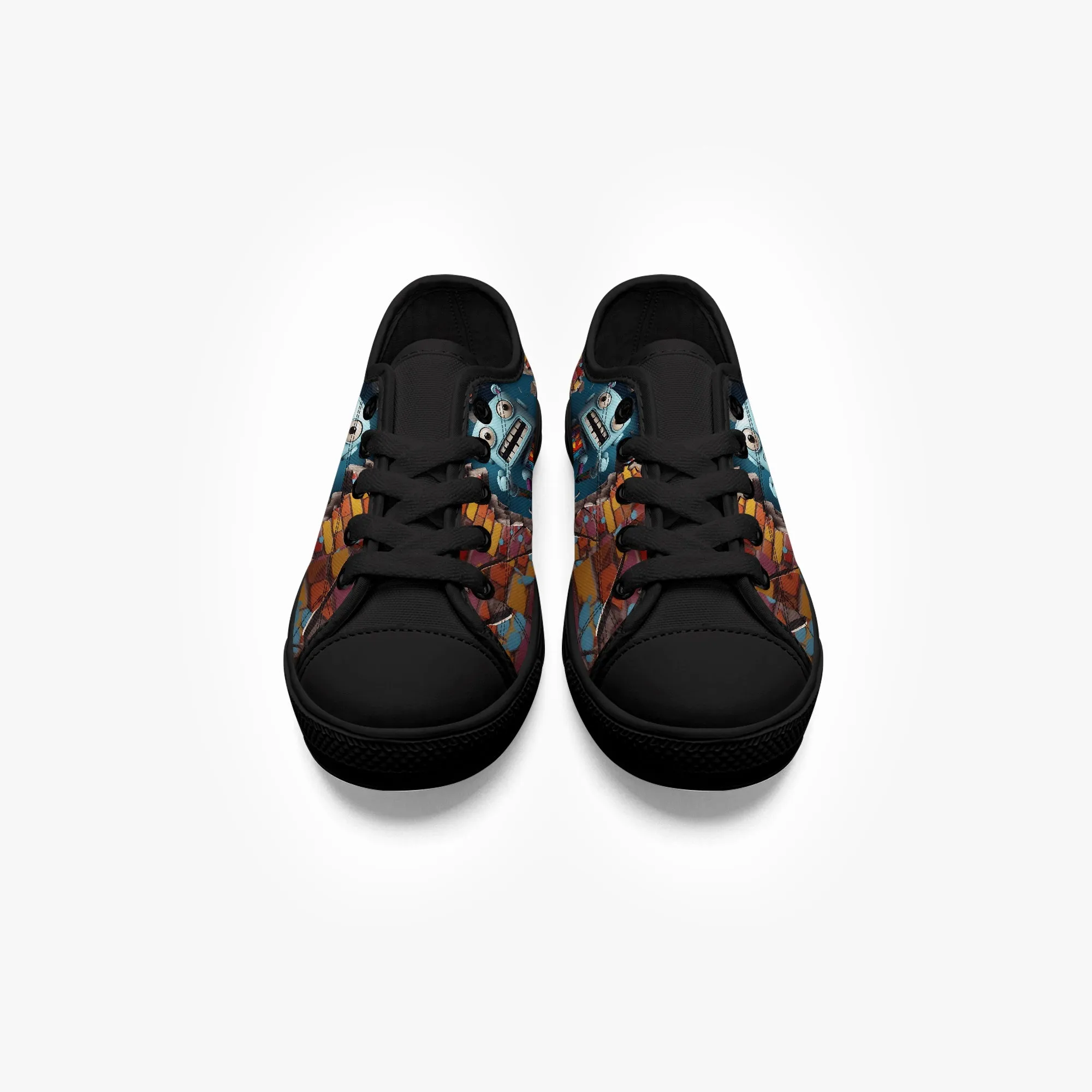 Low-Top Canvas Shoes-Black Kids' High-Top Canvas Shoes – Cartoon 3D Robot Breaking Through Crack Wall, Extra Ankle Support, Soft Rubber Sole, EVA Insole