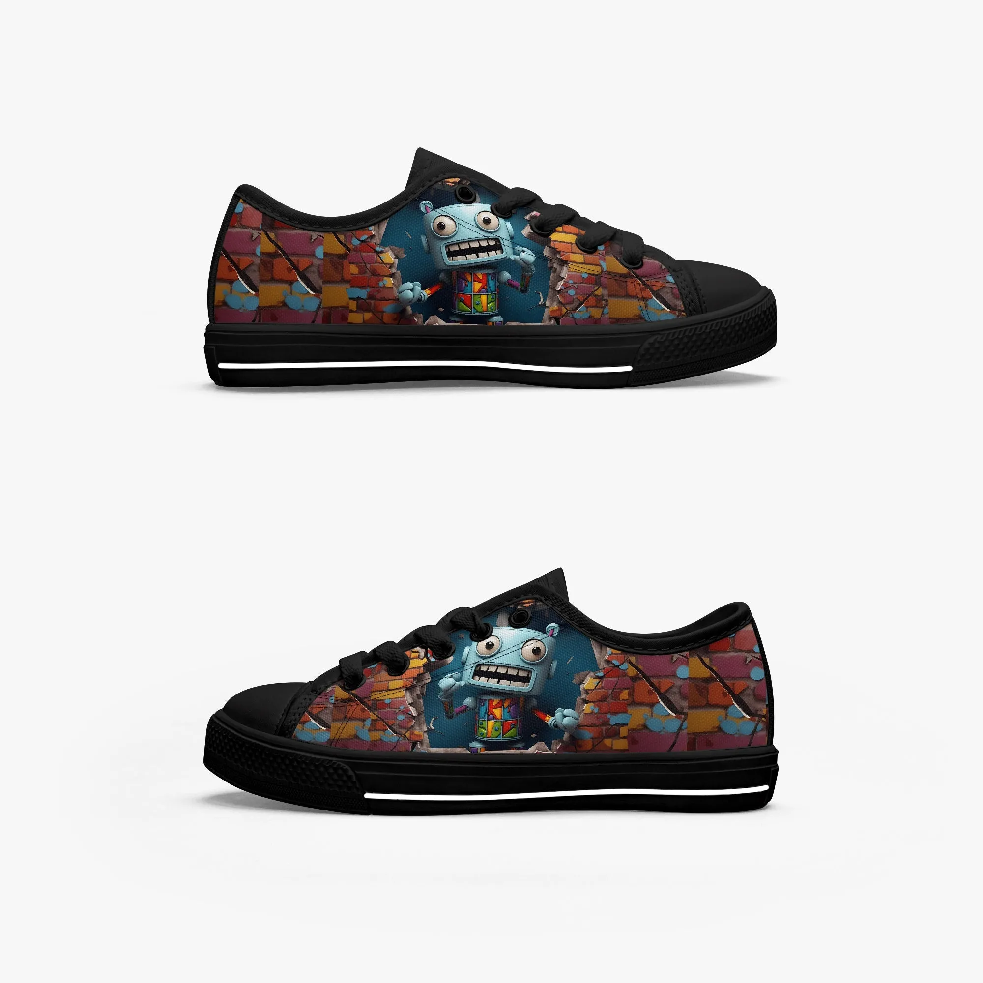 Low-Top Canvas Shoes-Black Kids' High-Top Canvas Shoes – Cartoon 3D Robot Breaking Through Crack Wall, Extra Ankle Support, Soft Rubber Sole, EVA Insole