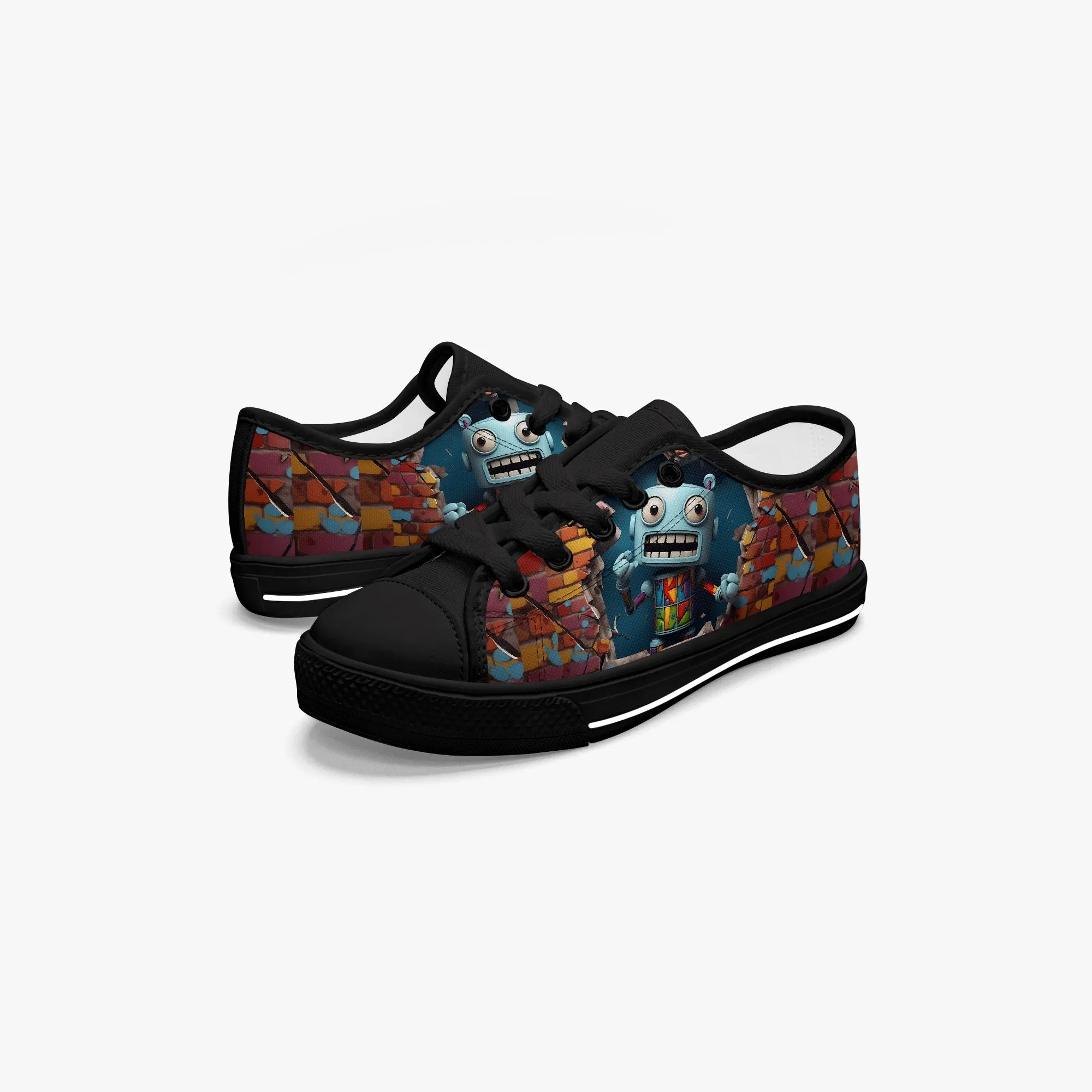 Low-Top Canvas Shoes-Black Kids' High-Top Canvas Shoes – Cartoon 3D Robot Breaking Through Crack Wall, Extra Ankle Support, Soft Rubber Sole, EVA Insole