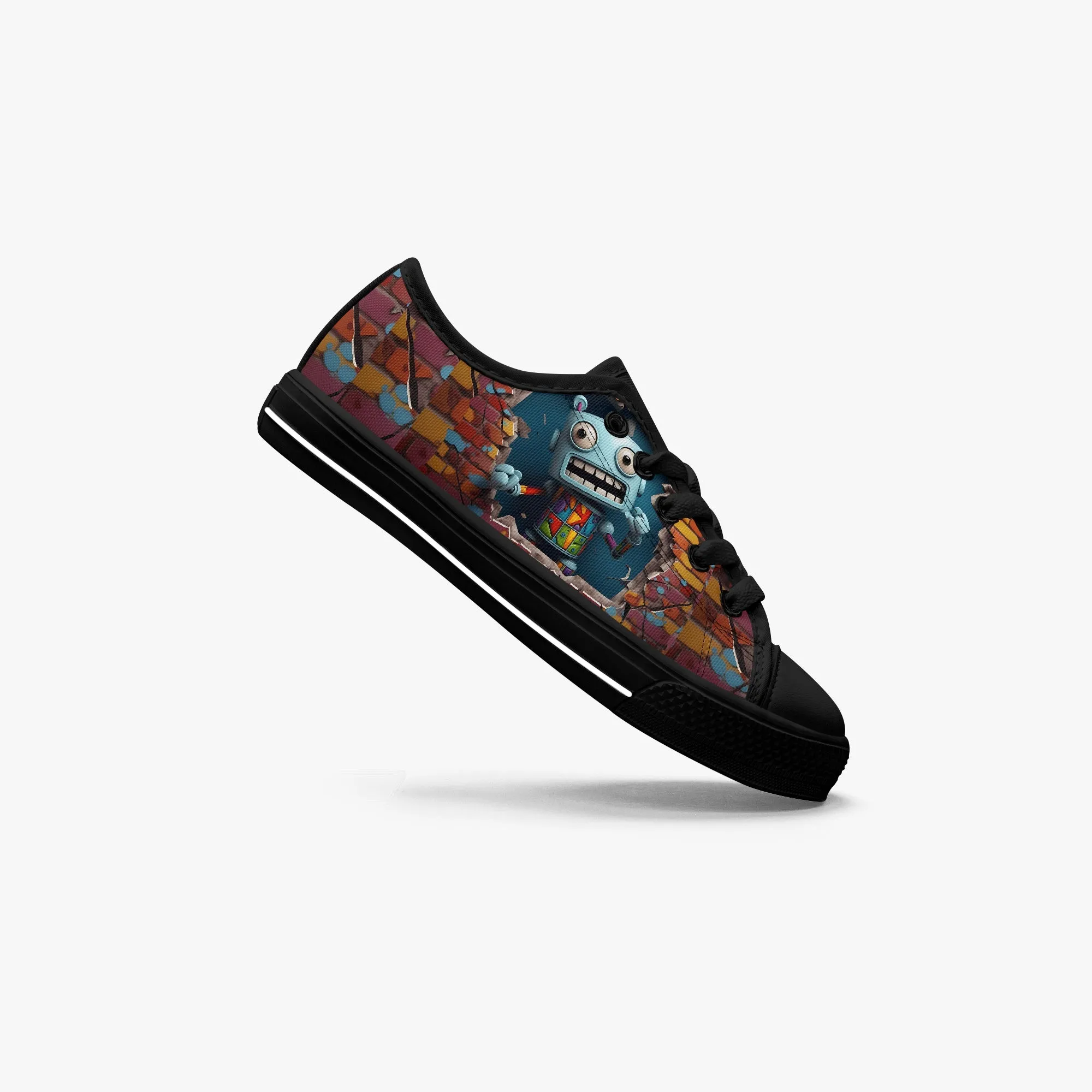Low-Top Canvas Shoes-Black Kids' High-Top Canvas Shoes – Cartoon 3D Robot Breaking Through Crack Wall, Extra Ankle Support, Soft Rubber Sole, EVA Insole