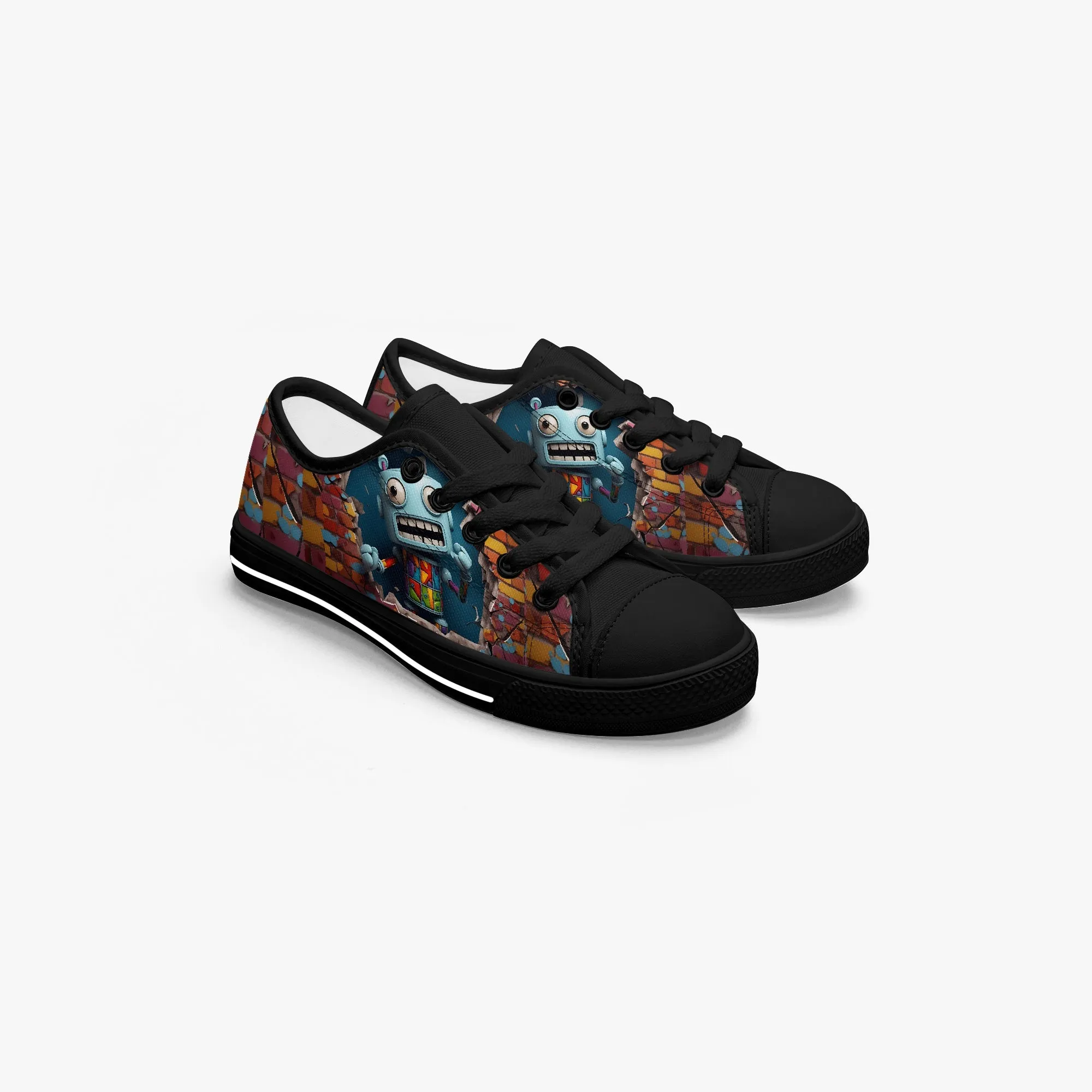 Low-Top Canvas Shoes-Black Kids' High-Top Canvas Shoes – Cartoon 3D Robot Breaking Through Crack Wall, Extra Ankle Support, Soft Rubber Sole, EVA Insole