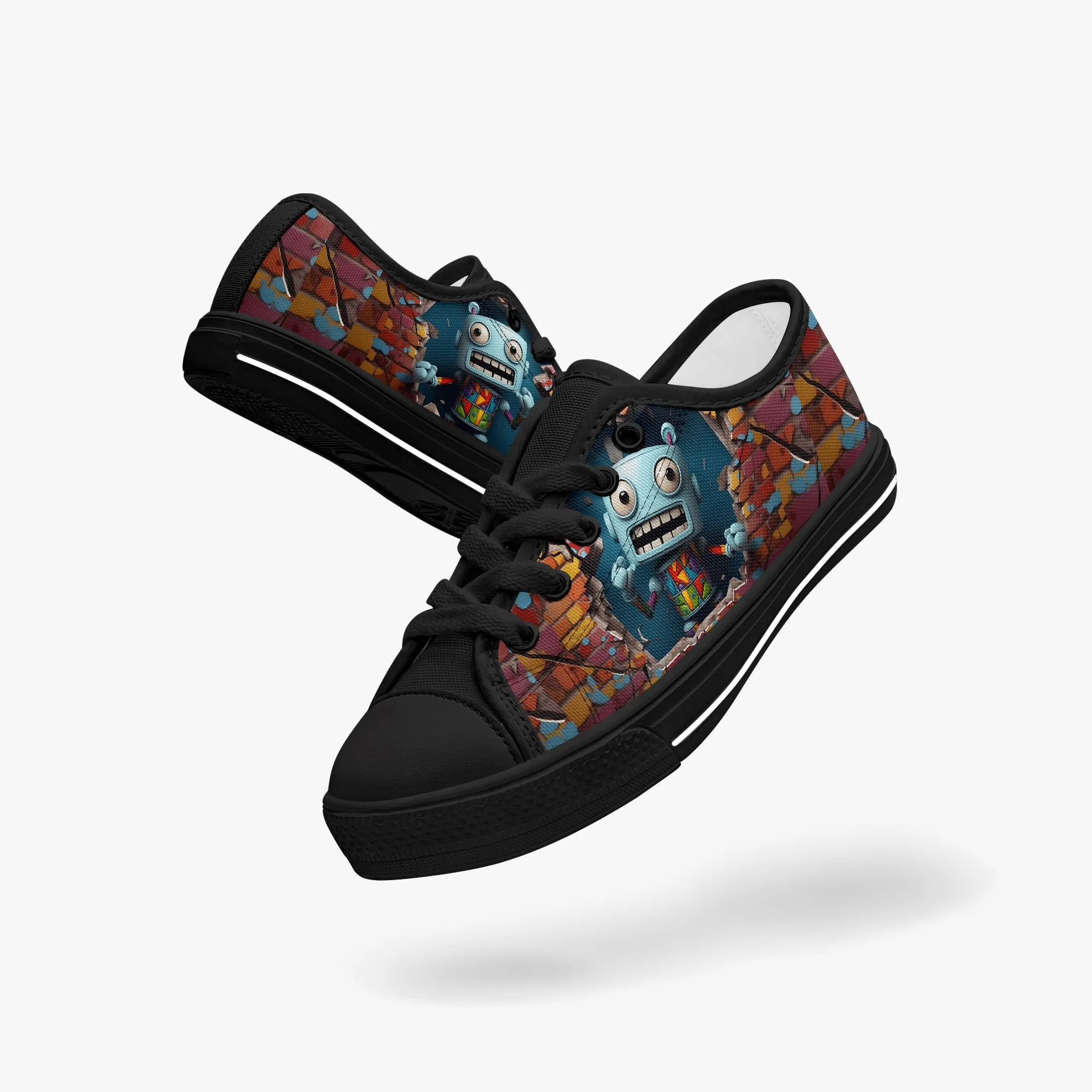 Low-Top Canvas Shoes-Black Kids' High-Top Canvas Shoes – Cartoon 3D Robot Breaking Through Crack Wall, Extra Ankle Support, Soft Rubber Sole, EVA Insole