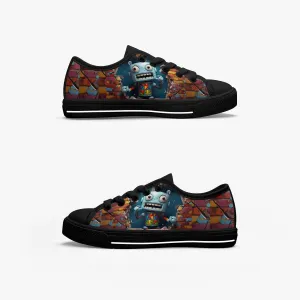 Low-Top Canvas Shoes-Black Kids' High-Top Canvas Shoes – Cartoon 3D Robot Breaking Through Crack Wall, Extra Ankle Support, Soft Rubber Sole, EVA Insole