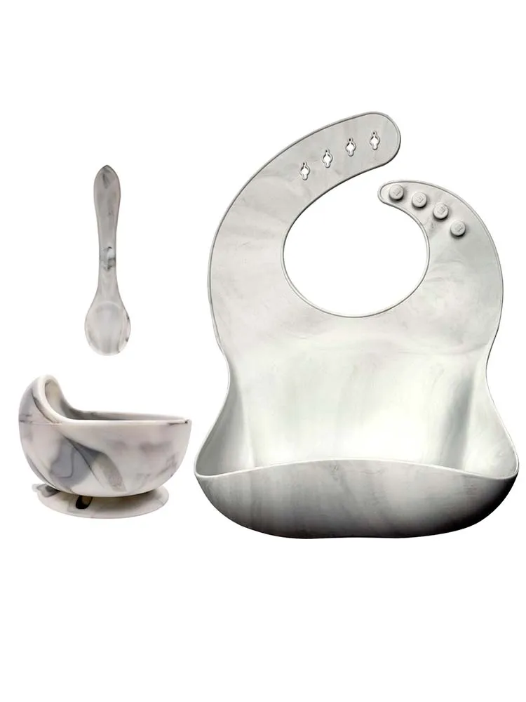 MARBLE BIB BOWL AND SPOON - Silicone Baby Bib, Food Bowl and Spoon