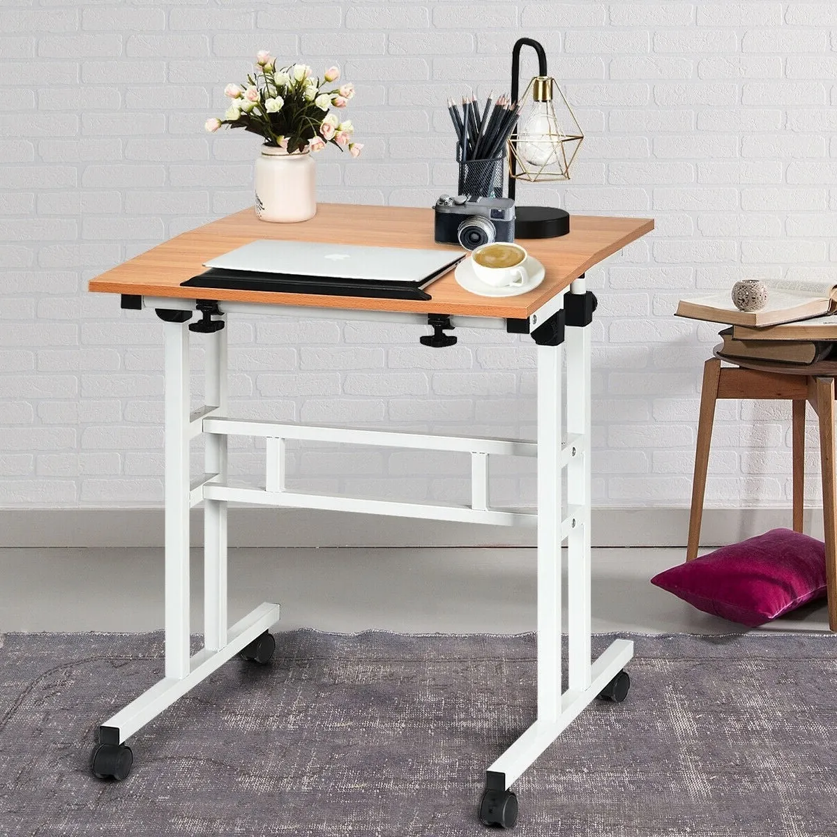 Mobile Adjustable Height Sit Standing Stand Up Desk in White Oak