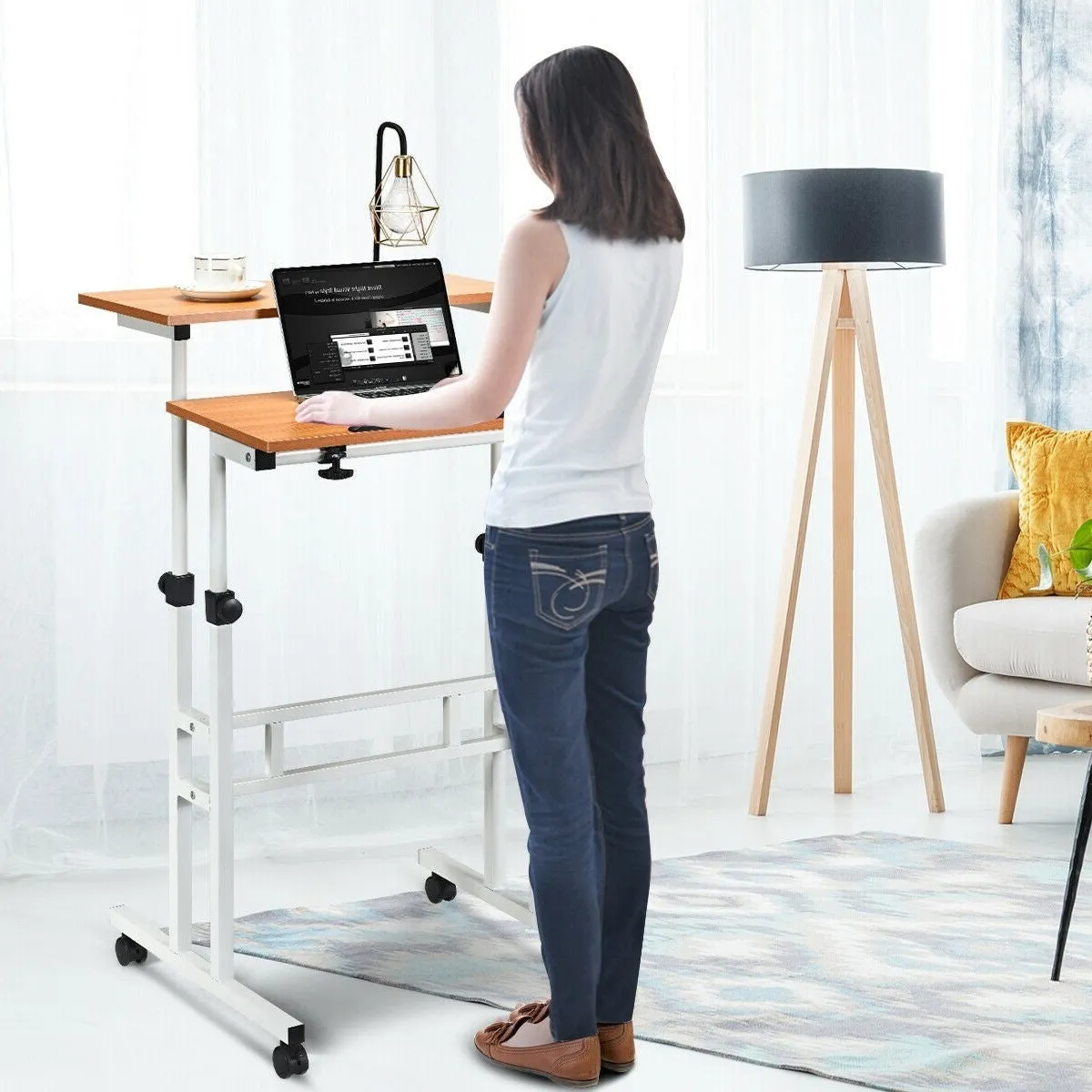 Mobile Adjustable Height Sit Standing Stand Up Desk in White Oak