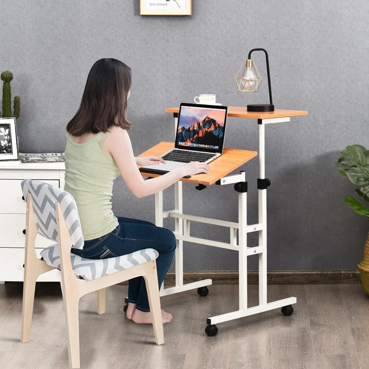Mobile Adjustable Height Sit Standing Stand Up Desk in White Oak