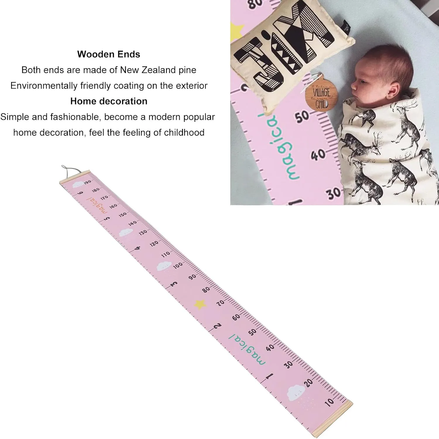 NEW Baby Growth Height Chart, Accurate Baby Height Growth Chart Ruler Removable Canvas Wall Hanging Measurement Chart for Home (Pink Cloud)