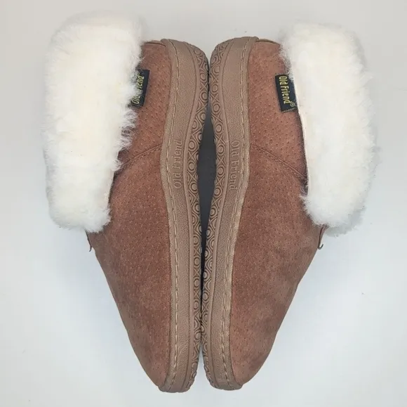 Old Friend Footwear Bootee Slipper sheepskin tan suede leather women's size 7