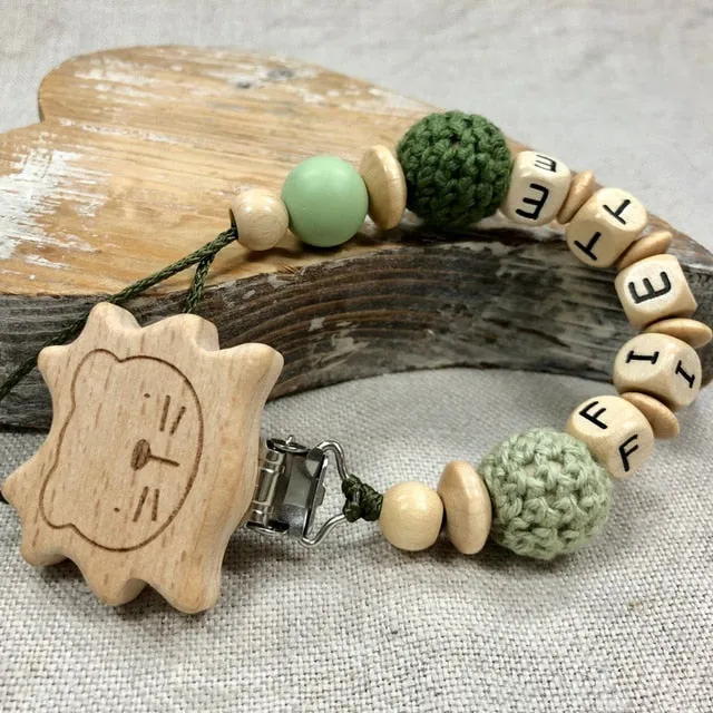 Personalized Gift, Pacifier Clips Personalized Name Handmade Beech Holder Chain Silicone Crown Pacifier Chains Baby Teether Teething Chain Gift