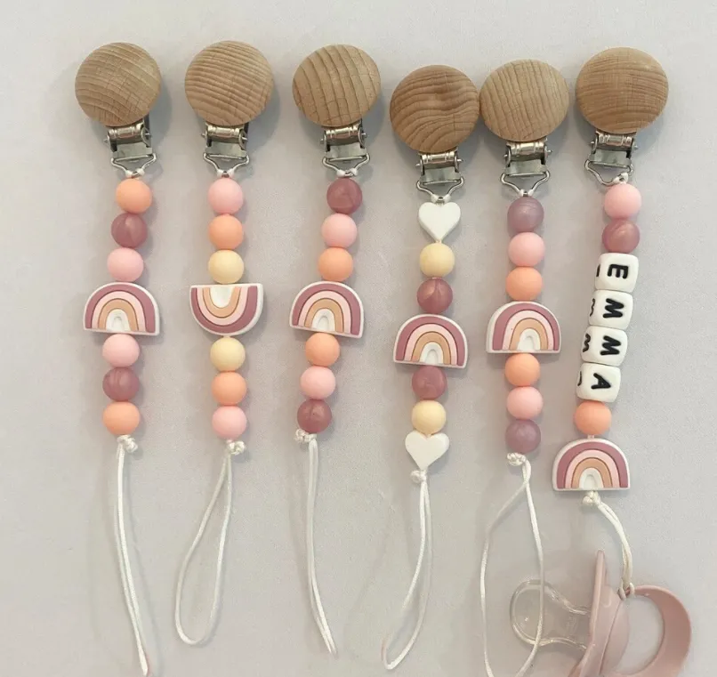 Personalized Gift, Pacifier Clips Personalized Name Handmade Beech Holder Chain Silicone Crown Pacifier Chains Baby Teether Teething Chain Gift