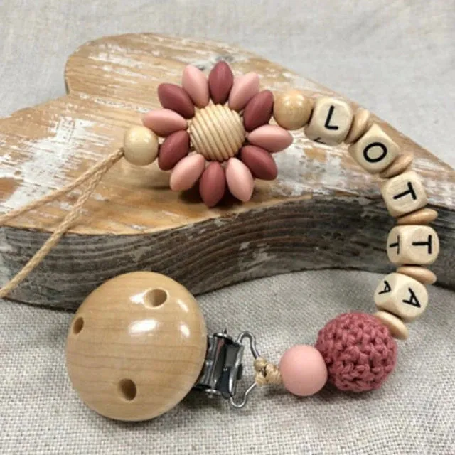 Personalized Gift, Pacifier Clips Personalized Name Handmade Beech Holder Chain Silicone Crown Pacifier Chains Baby Teether Teething Chain Gift