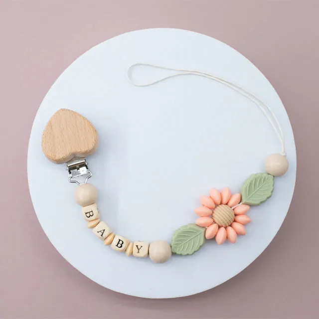 Personalized Gift, Pacifier Clips Personalized Name Handmade Beech Holder Chain Silicone Crown Pacifier Chains Baby Teether Teething Chain Gift