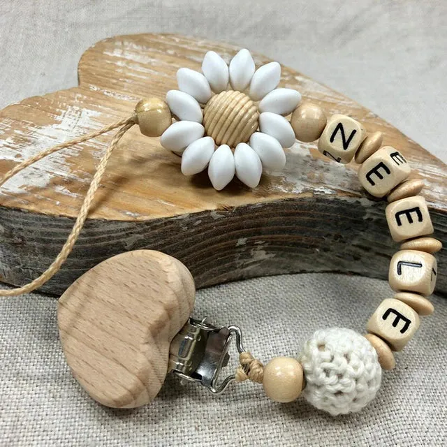 Personalized Gift, Pacifier Clips Personalized Name Handmade Beech Holder Chain Silicone Crown Pacifier Chains Baby Teether Teething Chain Gift
