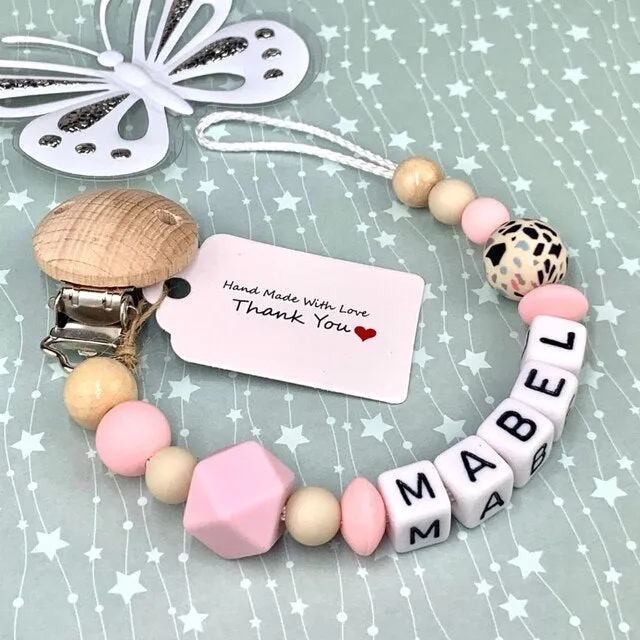 Personalized Gift, Pacifier Clips Personalized Name Handmade Beech Holder Chain Silicone Crown Pacifier Chains Baby Teether Teething Chain Gift