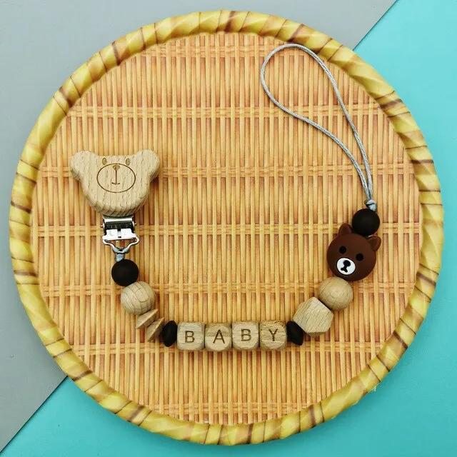 Personalized Gift, Pacifier Clips Personalized Name Handmade Beech Holder Chain Silicone Crown Pacifier Chains Baby Teether Teething Chain Gift