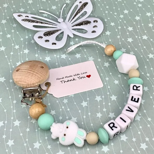 Personalized Gift, Pacifier Clips Personalized Name Handmade Beech Holder Chain Silicone Crown Pacifier Chains Baby Teether Teething Chain Gift