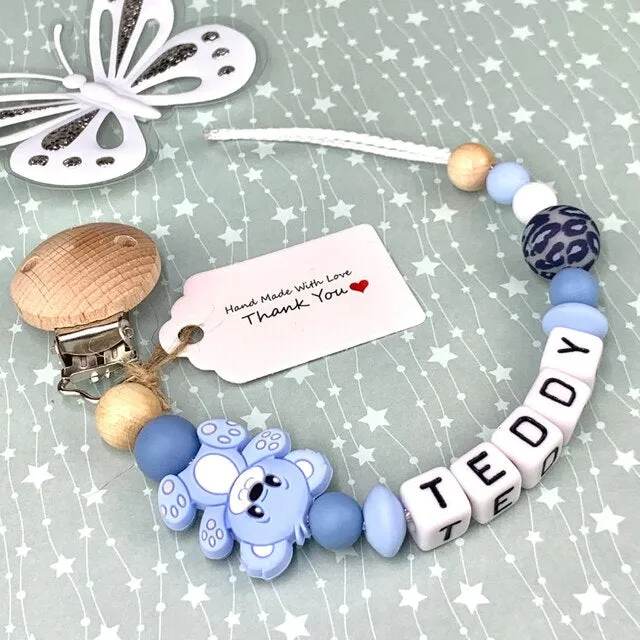 Personalized Gift, Pacifier Clips Personalized Name Handmade Beech Holder Chain Silicone Crown Pacifier Chains Baby Teether Teething Chain Gift