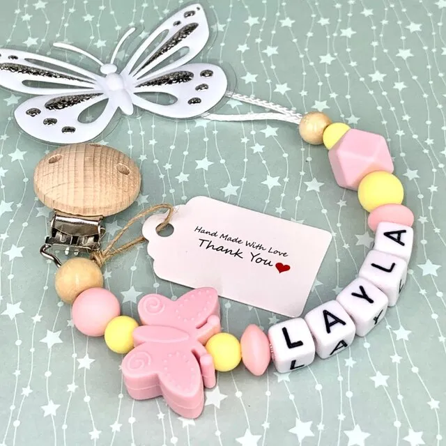 Personalized Gift, Pacifier Clips Personalized Name Handmade Beech Holder Chain Silicone Crown Pacifier Chains Baby Teether Teething Chain Gift