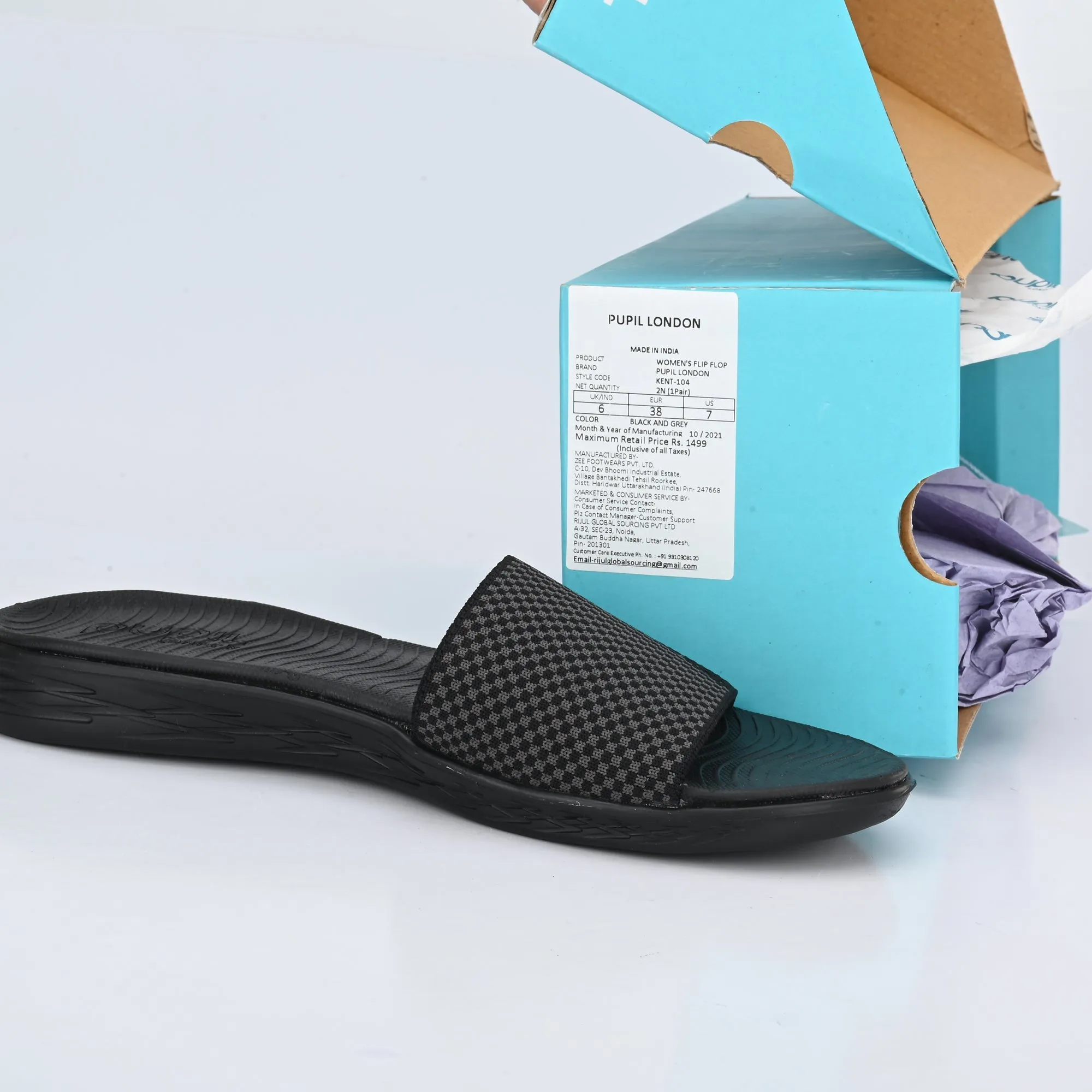 Pupil London Women's KENT-104, Flip-Flop, Black & Grey