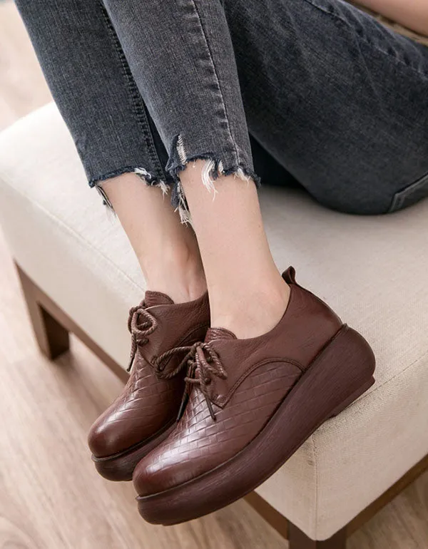 Retro Leather Lace Up Wide Toe Box Platform Shoes