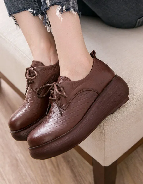 Retro Leather Lace Up Wide Toe Box Platform Shoes