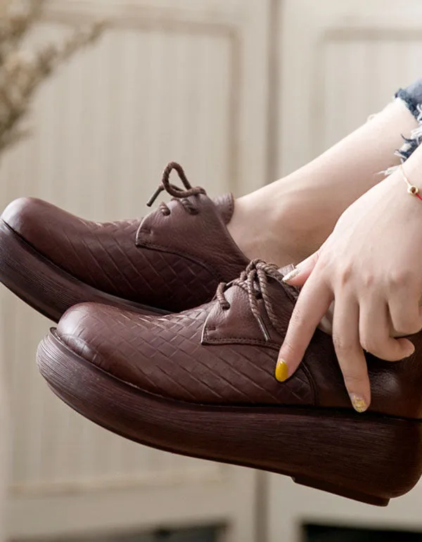 Retro Leather Lace Up Wide Toe Box Platform Shoes