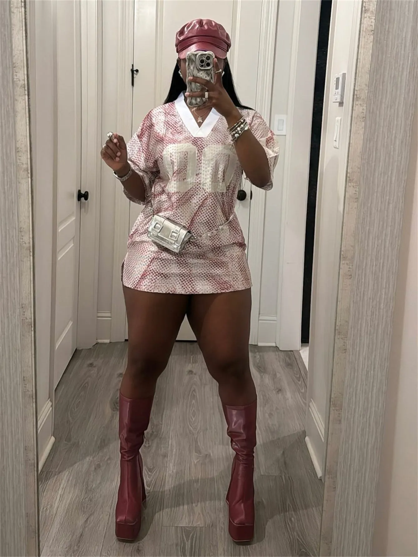Sporty V-Neck Printed Jersey-Inspired Mini Dress