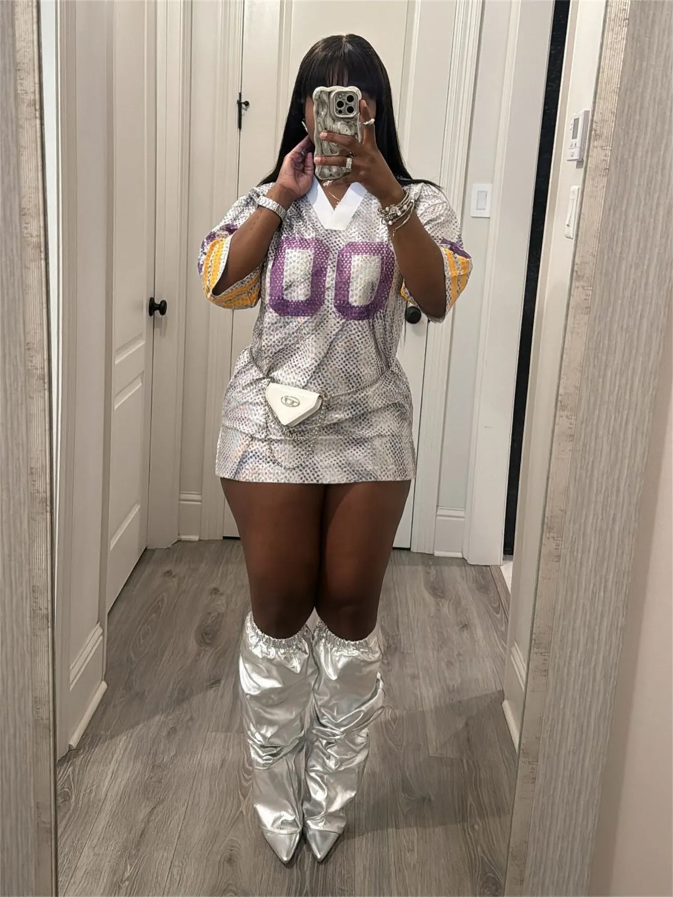 Sporty V-Neck Printed Jersey-Inspired Mini Dress