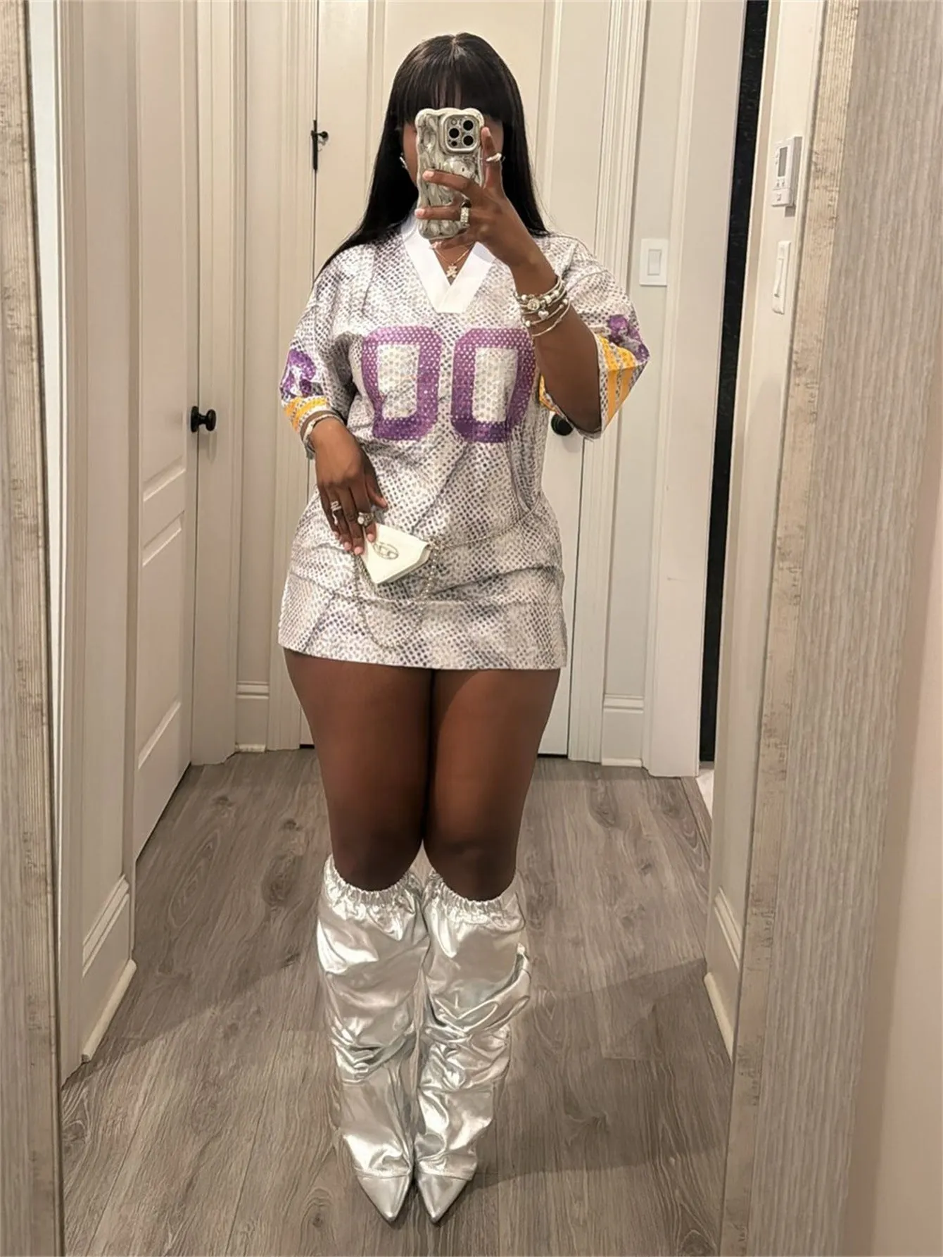 Sporty V-Neck Printed Jersey-Inspired Mini Dress