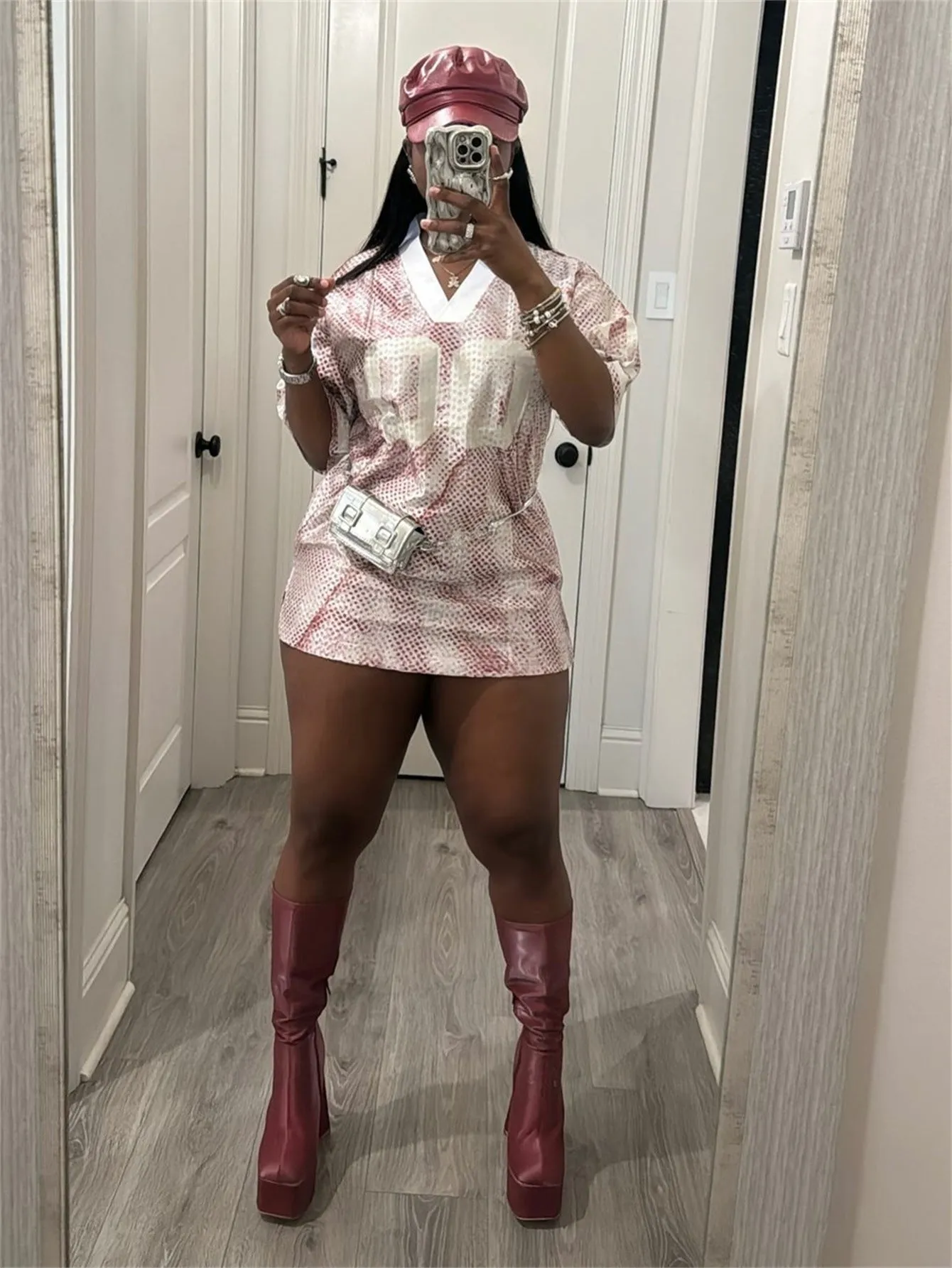 Sporty V-Neck Printed Jersey-Inspired Mini Dress