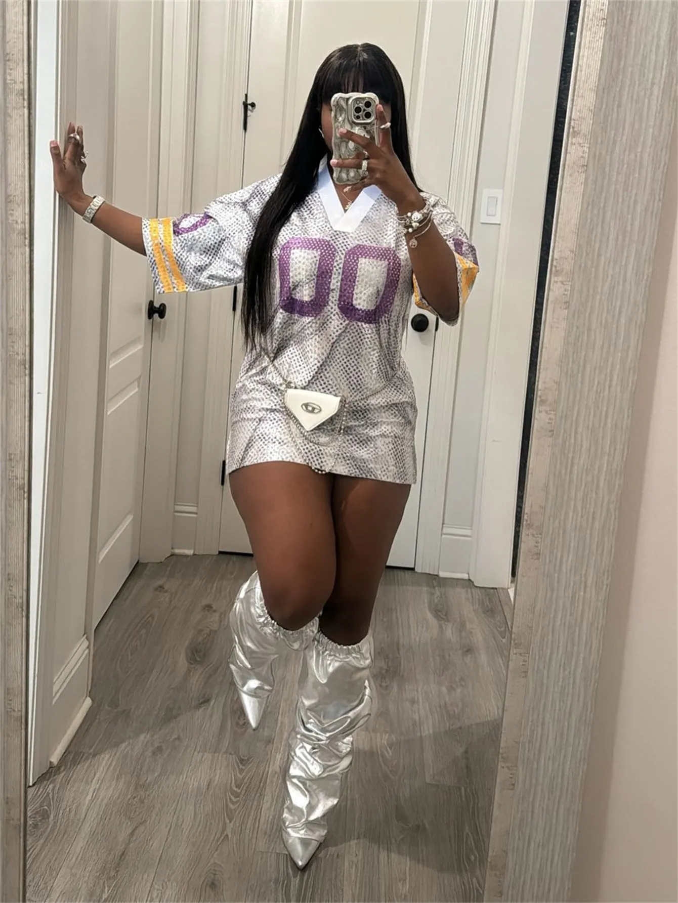 Sporty V-Neck Printed Jersey-Inspired Mini Dress