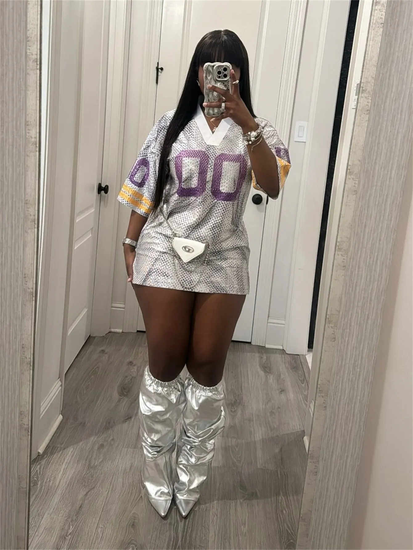 Sporty V-Neck Printed Jersey-Inspired Mini Dress