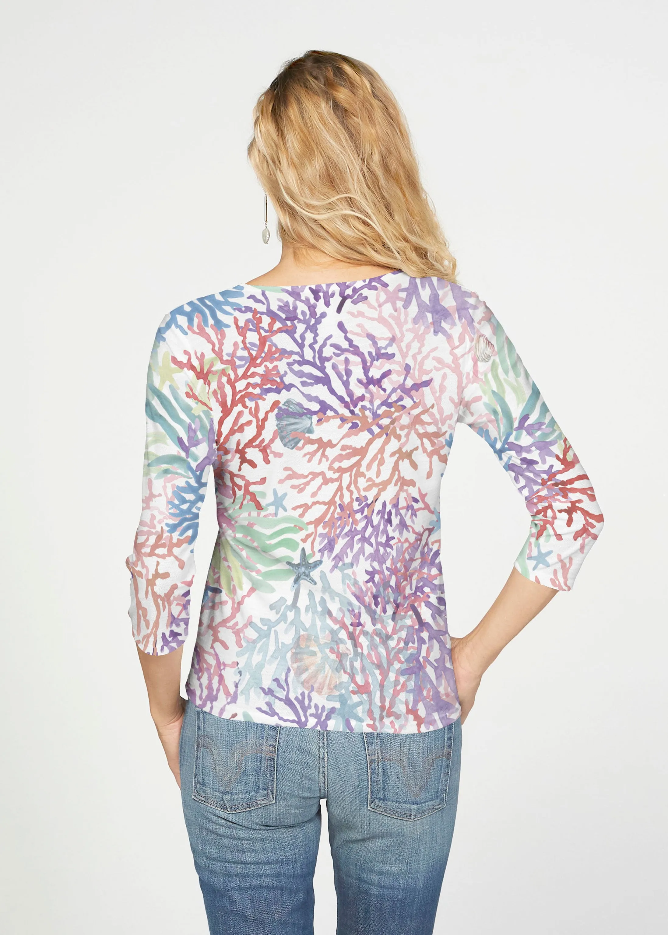Tropic Coral (8112) ~ French Terry Tie 3/4 Sleeve Top