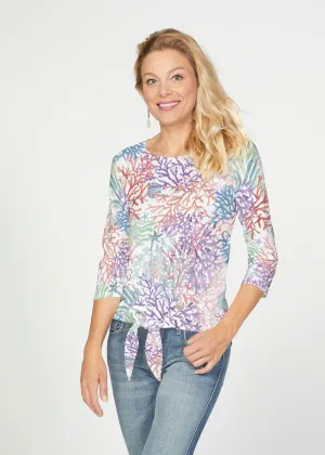 Tropic Coral (8112) ~ French Terry Tie 3/4 Sleeve Top