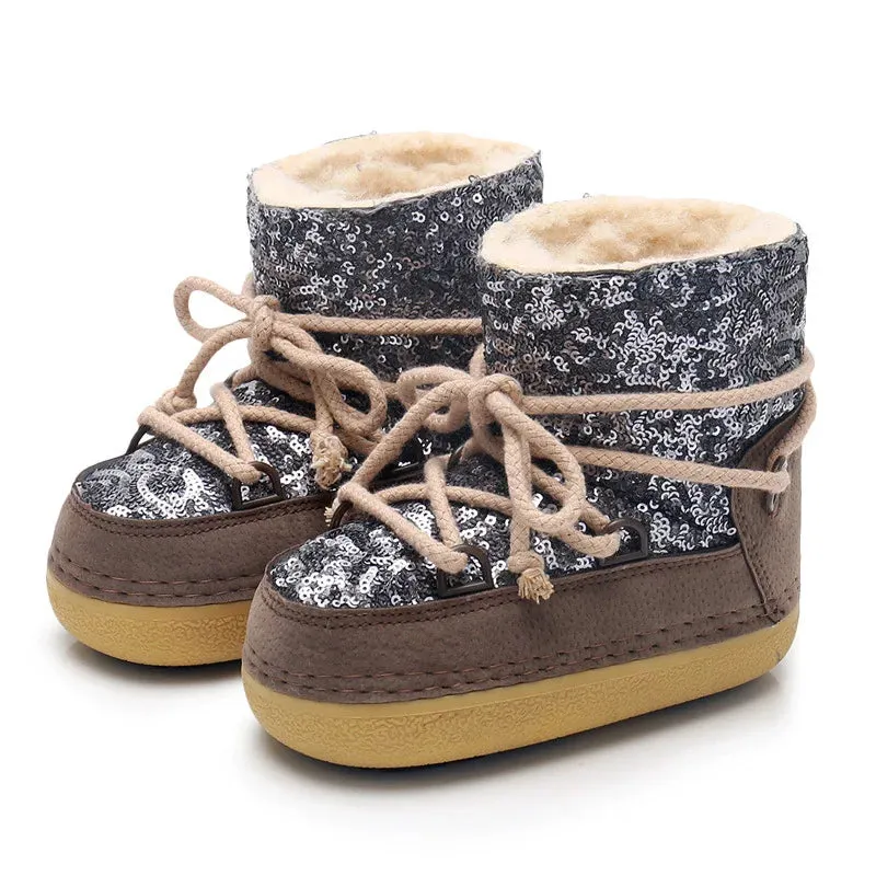 Winter Women Snow Boots Parent-Kid Waterproof Platform Non-slip Boots Children Boys Girls Lace-up Glitter Cotton Ski Boots