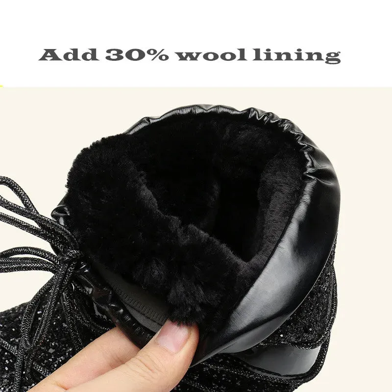 Winter Women Snow Boots Parent-Kid Waterproof Platform Non-slip Boots Children Boys Girls Lace-up Glitter Cotton Ski Boots
