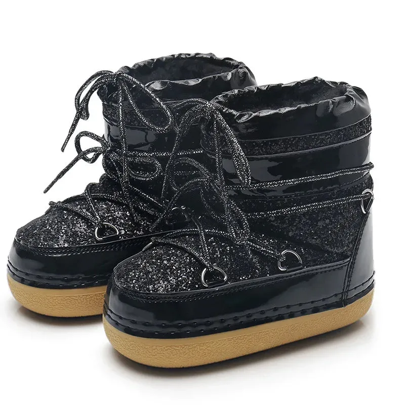 Winter Women Snow Boots Parent-Kid Waterproof Platform Non-slip Boots Children Boys Girls Lace-up Glitter Cotton Ski Boots