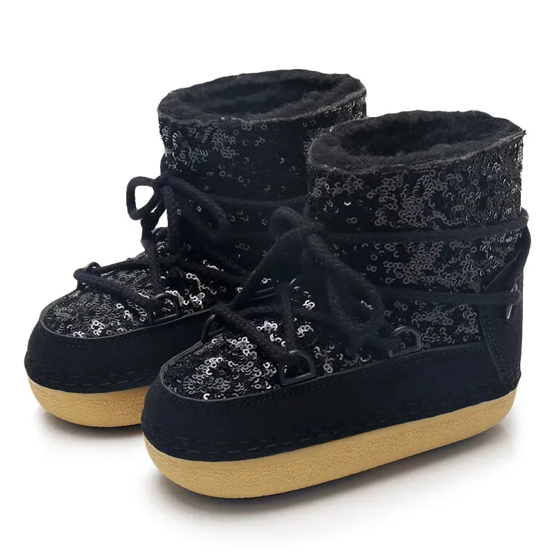 Winter Women Snow Boots Parent-Kid Waterproof Platform Non-slip Boots Children Boys Girls Lace-up Glitter Cotton Ski Boots