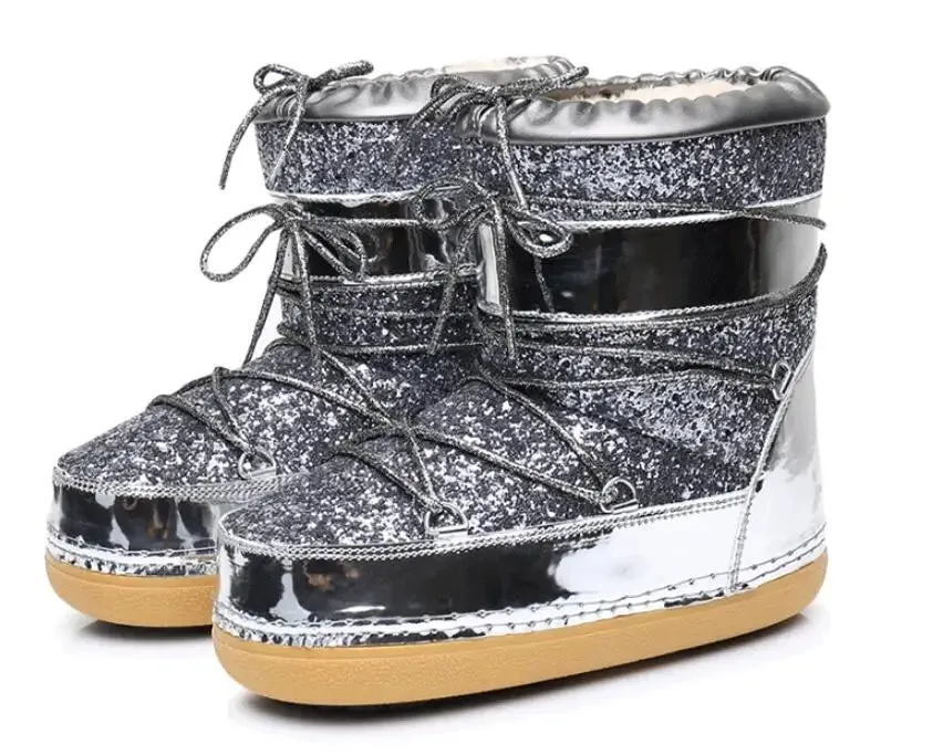 Winter Women Snow Boots Parent-Kid Waterproof Platform Non-slip Boots Children Boys Girls Lace-up Glitter Cotton Ski Boots