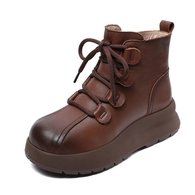 Women Vintage Leather Wool Furred Ankle Snow Boots