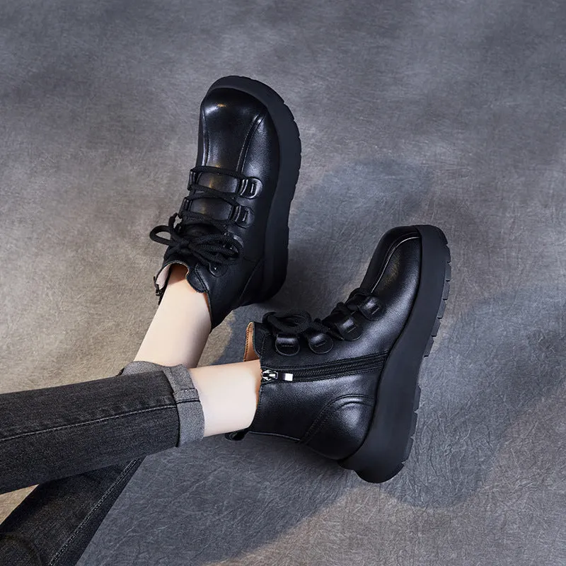 Women Vintage Leather Wool Furred Ankle Snow Boots