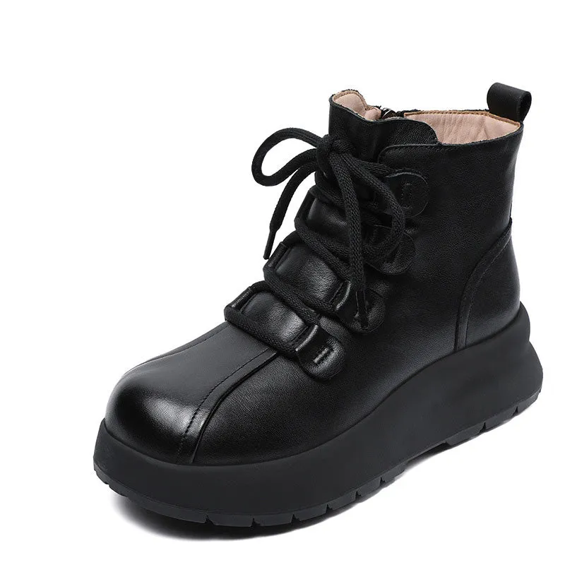 Women Vintage Leather Wool Furred Ankle Snow Boots