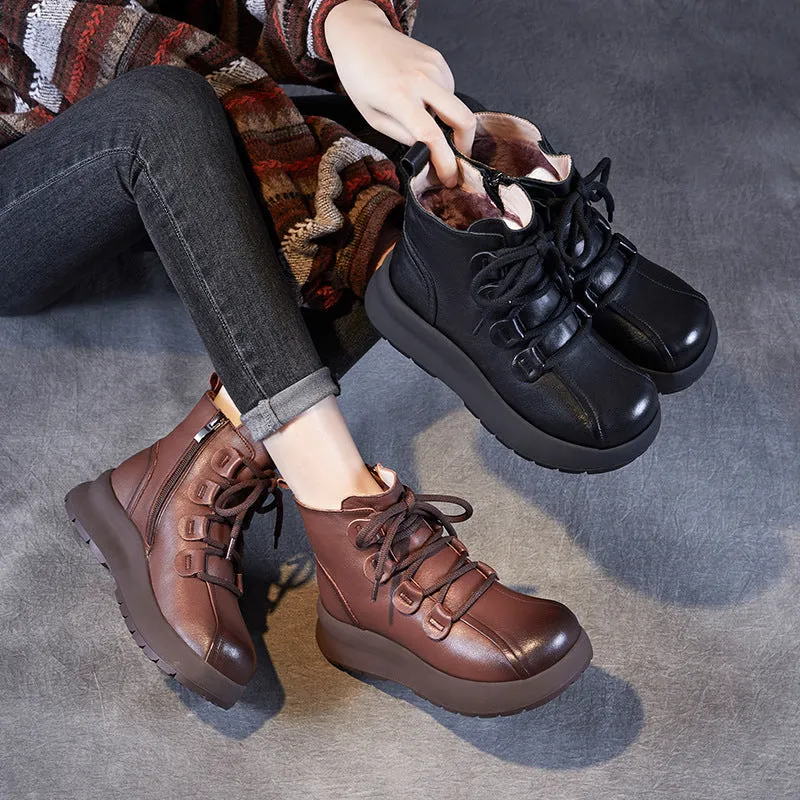 Women Vintage Leather Wool Furred Ankle Snow Boots
